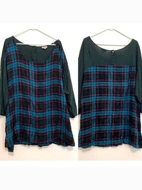 AVENUE Plus Size Dark Green Blue Plaid Flannel Mixed Media Split Back 3/4 Sleeve